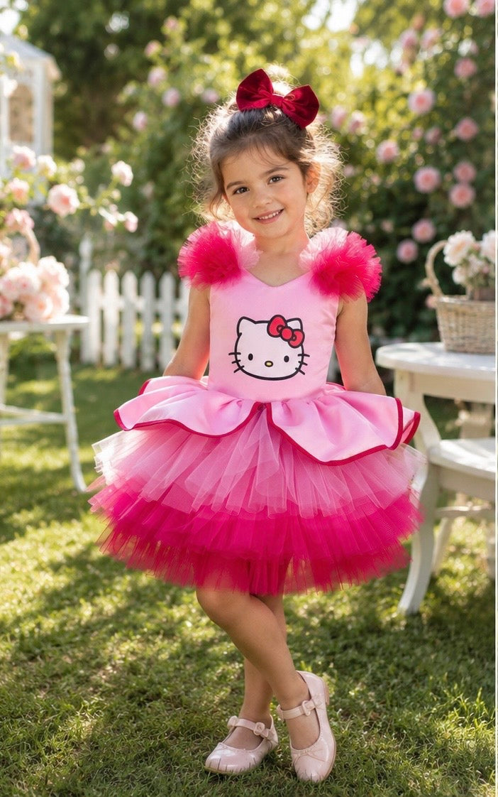 Kırmızı Pembe Hello Kitty Kız Çocuk Abiye - Bebek Doğum Günü Elbisesi - ipeqakids
