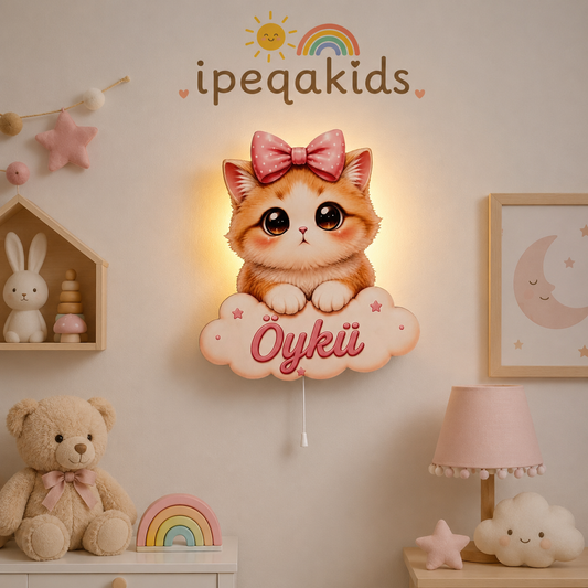 Kişiye Özel İsimli Kedicik LED Ahşap Gece Lambası