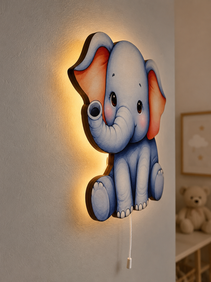 Mavi Fil Led Işıklı Bebek Odası Ahşap Duvar Dekoru - Gece Lambası