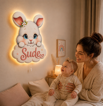 Kişiye Özel İsimli Tavşan LED Ahşap Gece Lambası