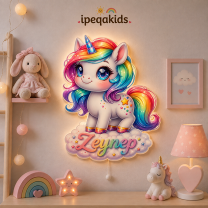 Kişiye Özel İsimli Bulutlu Unicorn LED Ahşap Gece Lambası