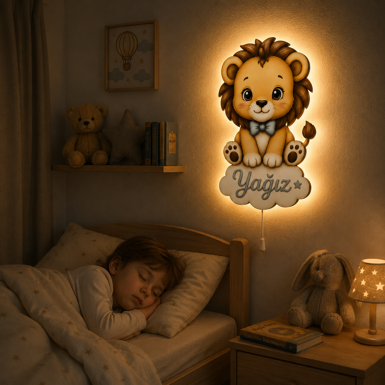 Kişiye Özel İsimli Aslan LED Ahşap Gece Lambası