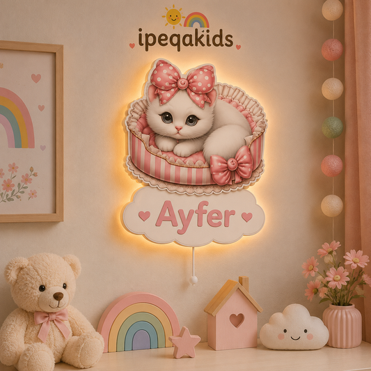 Kişiye Özel İsimli Sepette Kedicik LED Ahşap Gece Lambası