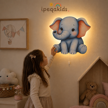 Mavi Fil Led Işıklı Bebek Odası Ahşap Duvar Dekoru - Gece Lambası