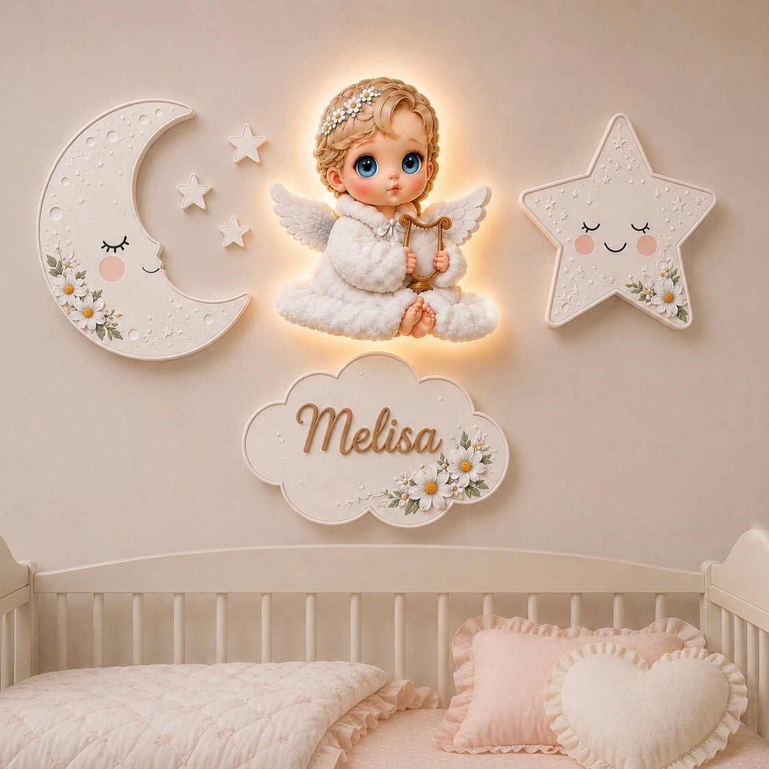 Kişiye Özel İsimli Bebek Melek 7'li LED Ahşap Gece Lambası Seti