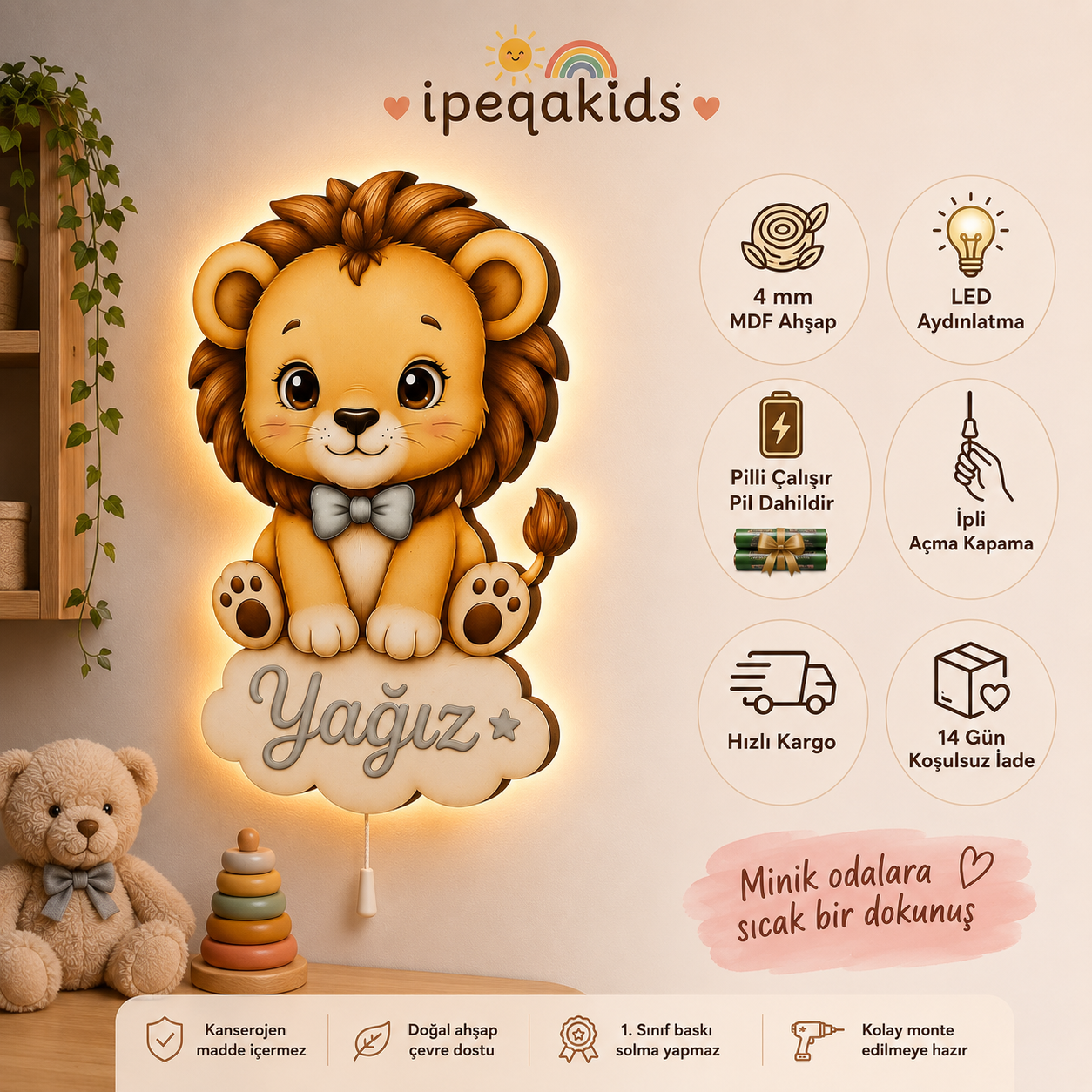 Kişiye Özel İsimli Aslan LED Ahşap Gece Lambası