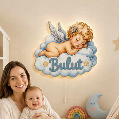 Kişiye Özel İsimli Bulutlu Bebek Melek LED Ahşap Gece Lambası