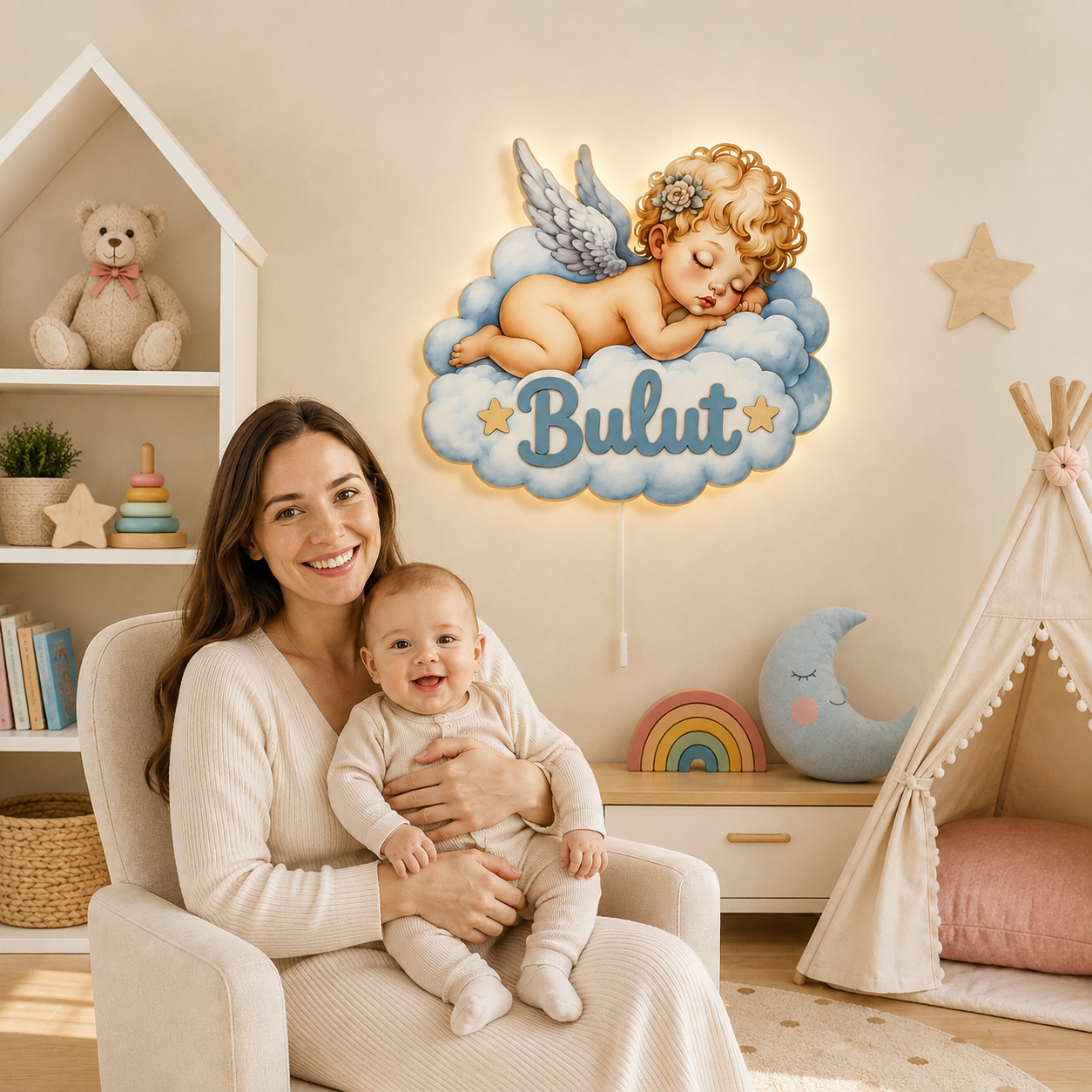 Kişiye Özel İsimli Bulutlu Bebek Melek LED Ahşap Gece Lambası