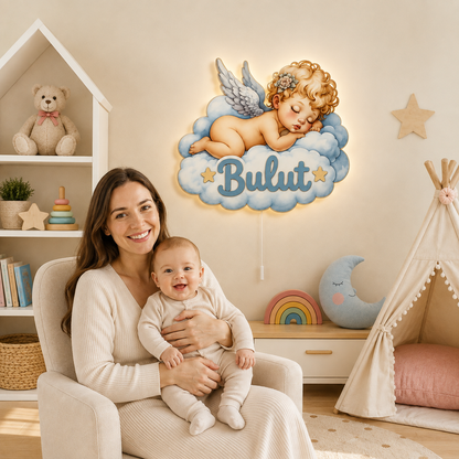 Kişiye Özel İsimli Bulutlu Bebek Melek LED Ahşap Gece Lambası