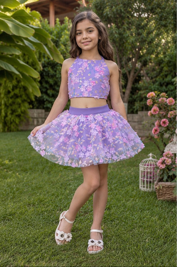 Lila Çiçekli Kız Çocuk Crop Etek Takım - Bebek Doğum Günü Elbisesi - ipeqakids (Kopya)