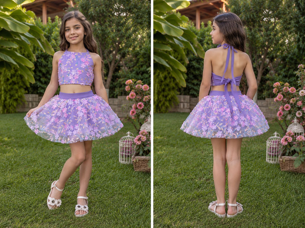 Lila Çiçekli Kız Çocuk Crop Etek Takım - Bebek Doğum Günü Elbisesi - ipeqakids (Kopya)