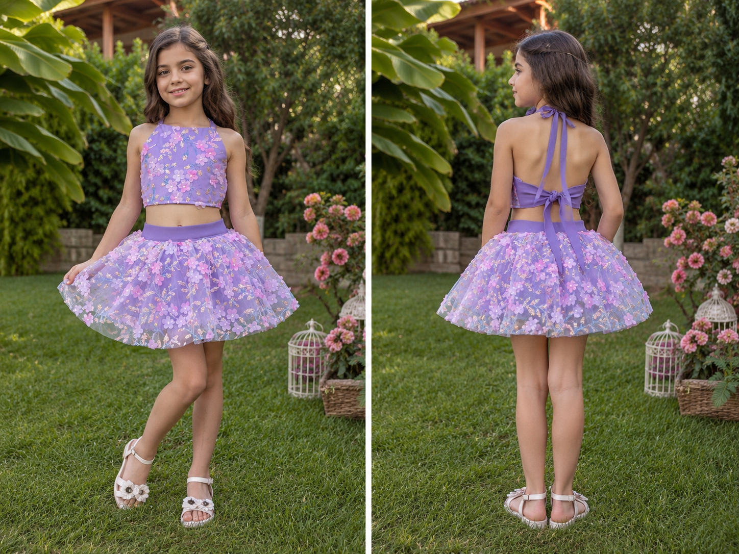 Lila Çiçekli Kız Çocuk Crop Etek Takım - Bebek Doğum Günü Elbisesi - ipeqakids (Kopya)