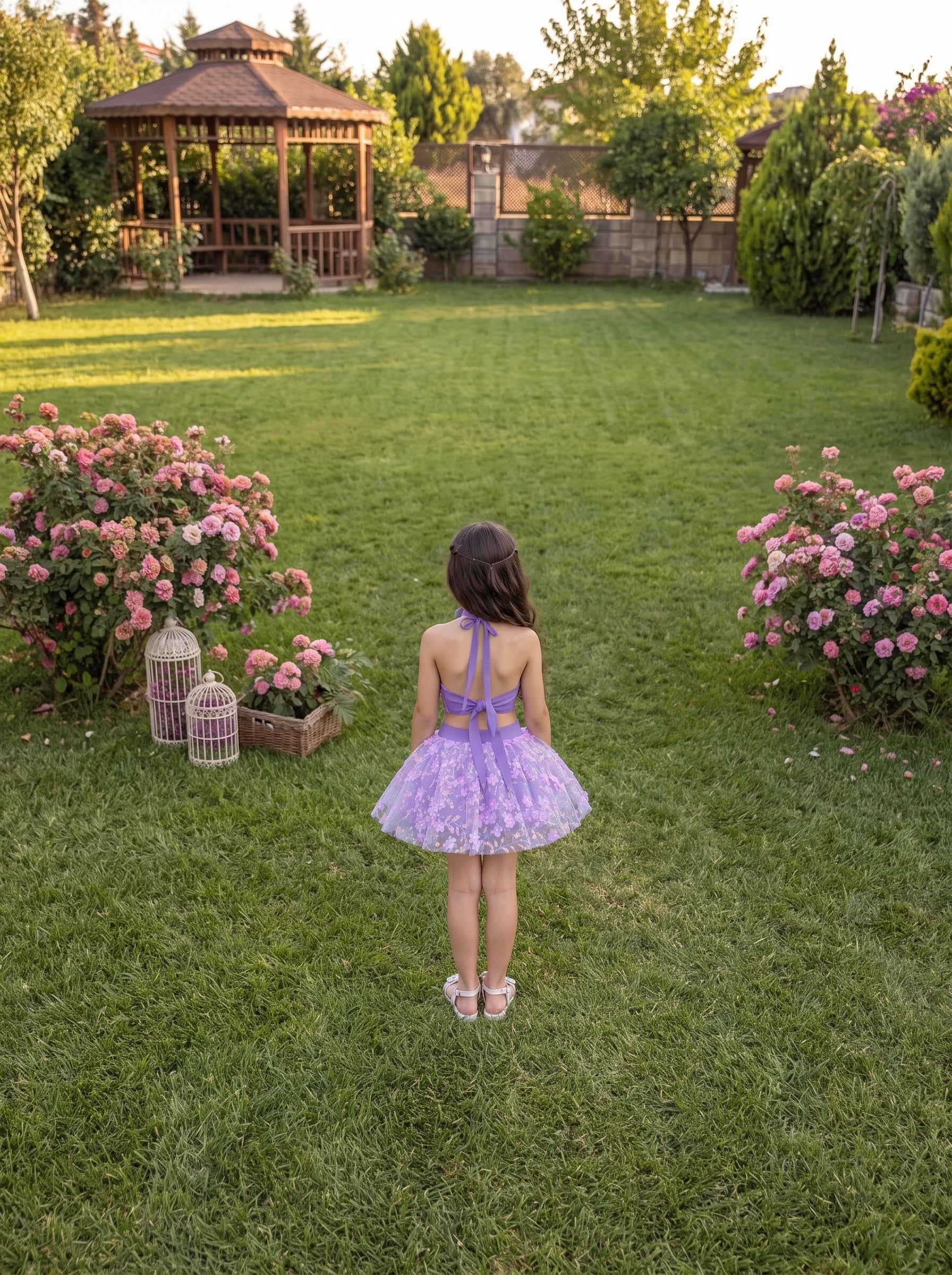 Lila Çiçekli Kız Çocuk Crop Etek Takım - Bebek Doğum Günü Elbisesi - ipeqakids (Kopya)