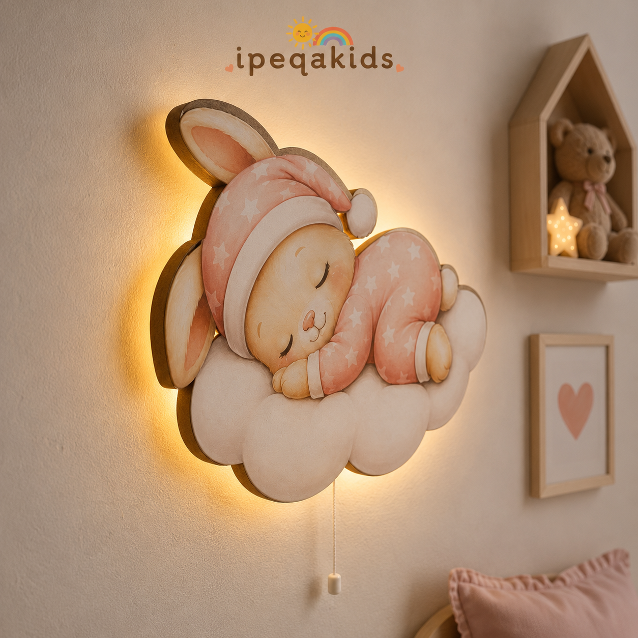 Uyuyan Pembe Tavşan Led Işıklı Bebek Odası Ahşap Duvar Dekoru - Gece Lambası