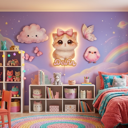 Kişiye Özel İsimli Kedicik 5’li LED Ahşap Gece Lambası