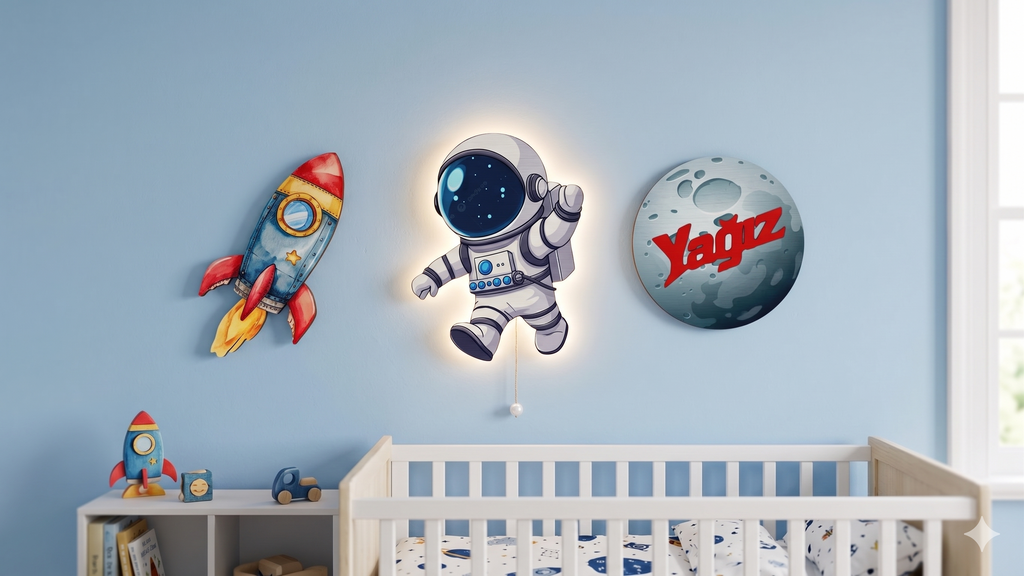 Kişiye Özel İsimli Astronot 3 parça Set, Led Işıklı Bebek Odası Ahşap Duvar Dekoru-İsim için Whatsapptan mesaj Atınız- - Gece Lambası