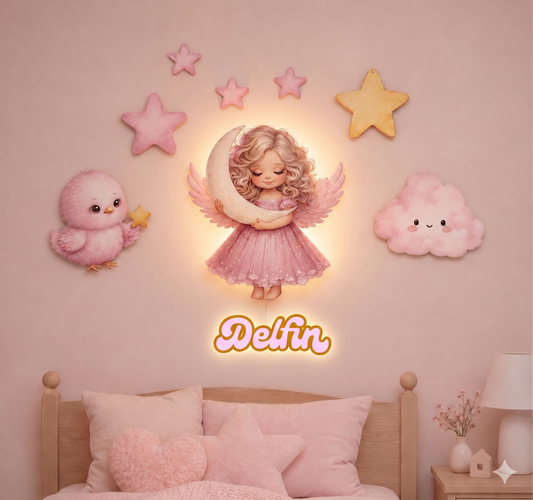 Kişiye Özel İsimli Melek 9’lu LED Ahşap Gece Lambası