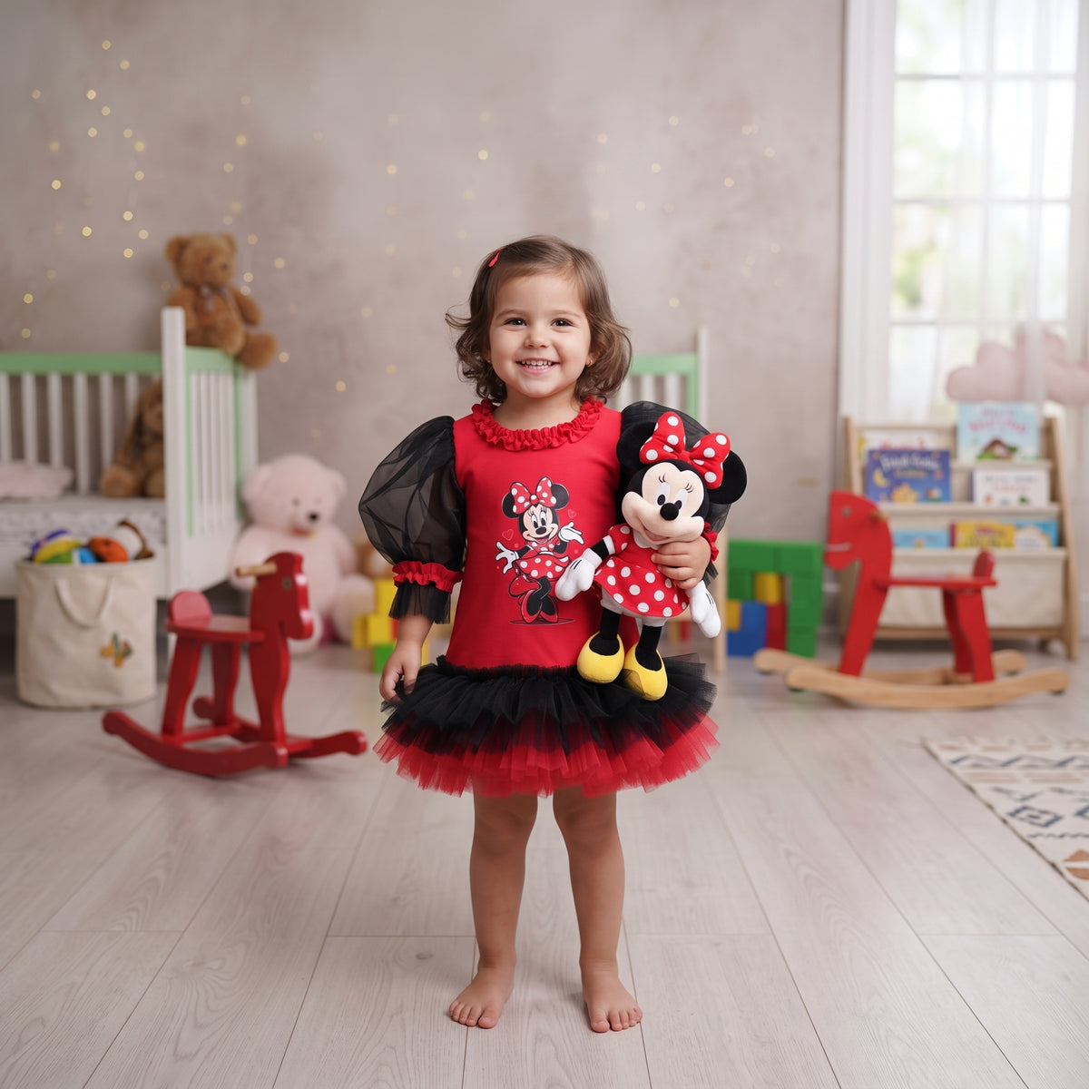 Kırmızı Siyah Minnie Mouse Kız Çocuk Elbisesi