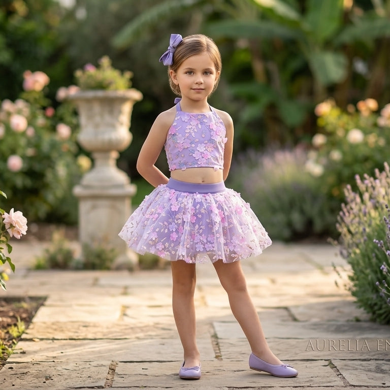 Lila Çiçekli Kız Çocuk Crop Etek Takım - Bebek Doğum Günü Elbisesi - ipeqakids (Kopya)