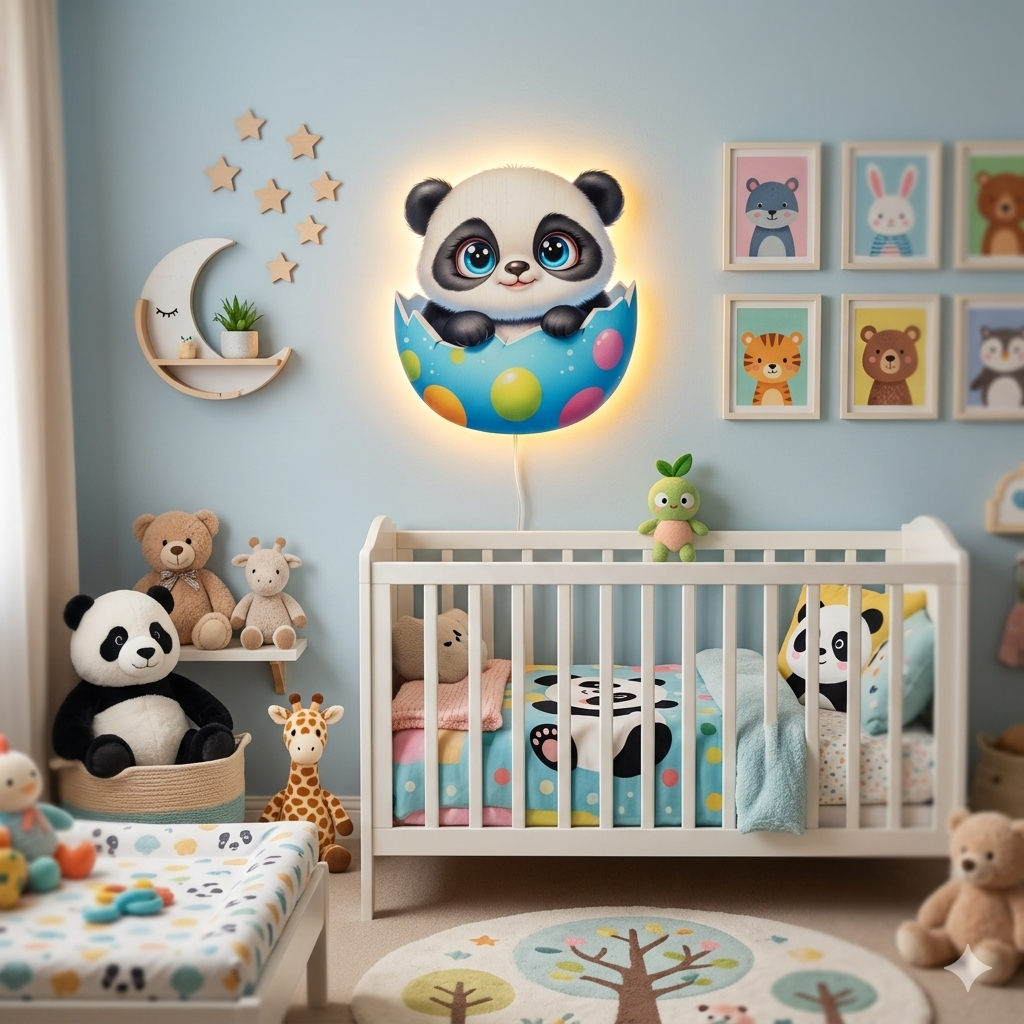 Panda Pilli Led Işıklı Bebek Odası Ahşap Duvar Dekoru - Gece Lambası