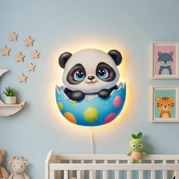 Panda Pilli Led Işıklı Bebek Odası Ahşap Duvar Dekoru - Gece Lambası