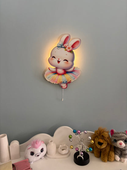 Balerin Tavşan Led Işıklı Bebek Odası Ahşap Duvar Dekoru - Gece Lambası