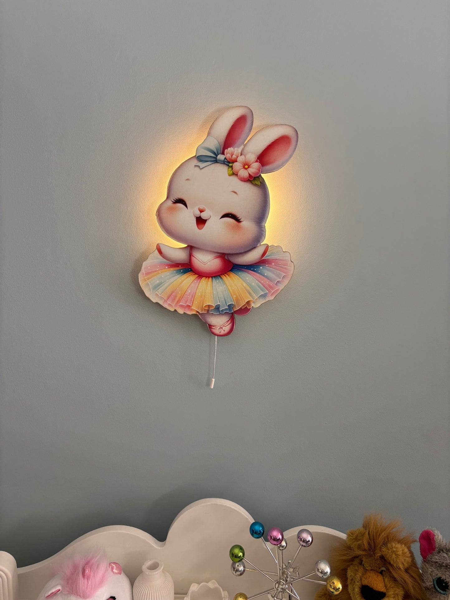 Balerin Tavşan Led Işıklı Bebek Odası Ahşap Duvar Dekoru - Gece Lambası
