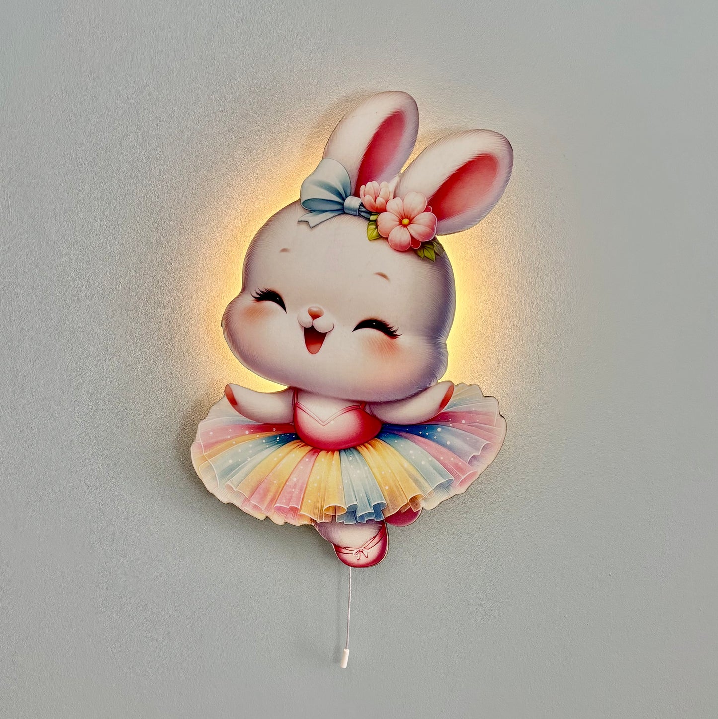 Balerin Tavşan Led Işıklı Bebek Odası Ahşap Duvar Dekoru - Gece Lambası