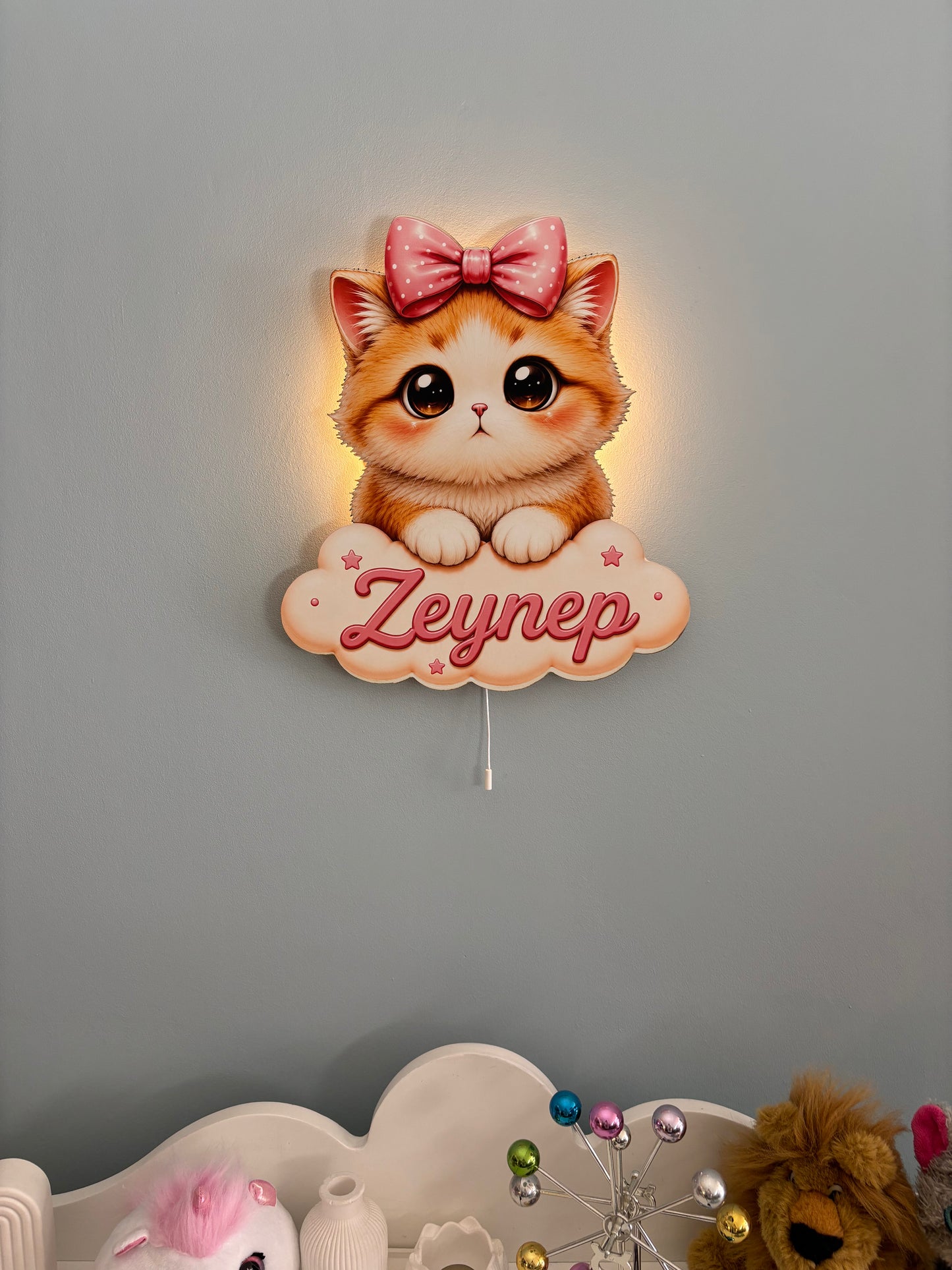 Kişiye Özel İsimli Kedicik LED Ahşap Gece Lambası