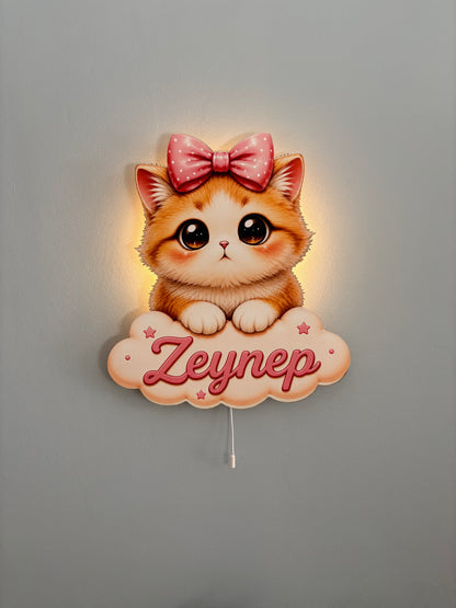 Kişiye Özel İsimli Kedicik LED Ahşap Gece Lambası