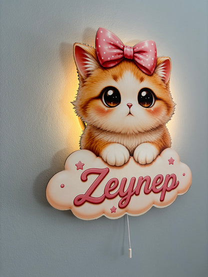 Kişiye Özel İsimli Kedicik LED Ahşap Gece Lambası