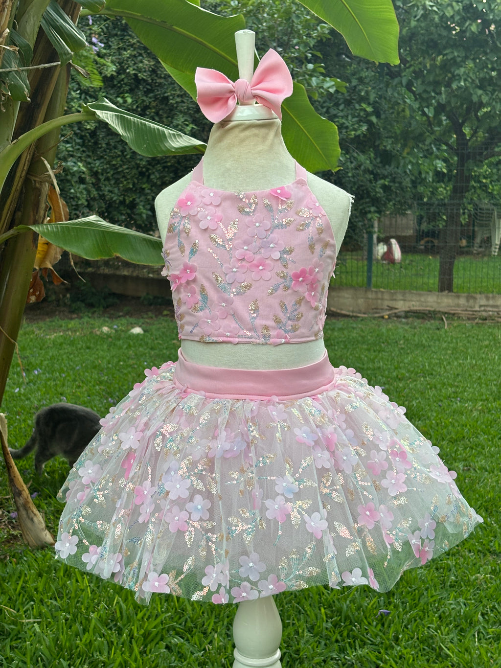 Pudra Pembe Çiçekli Kız Çocuk Crop Etek Takım - Bebek Doğum Günü Elbisesi - ipeqakids