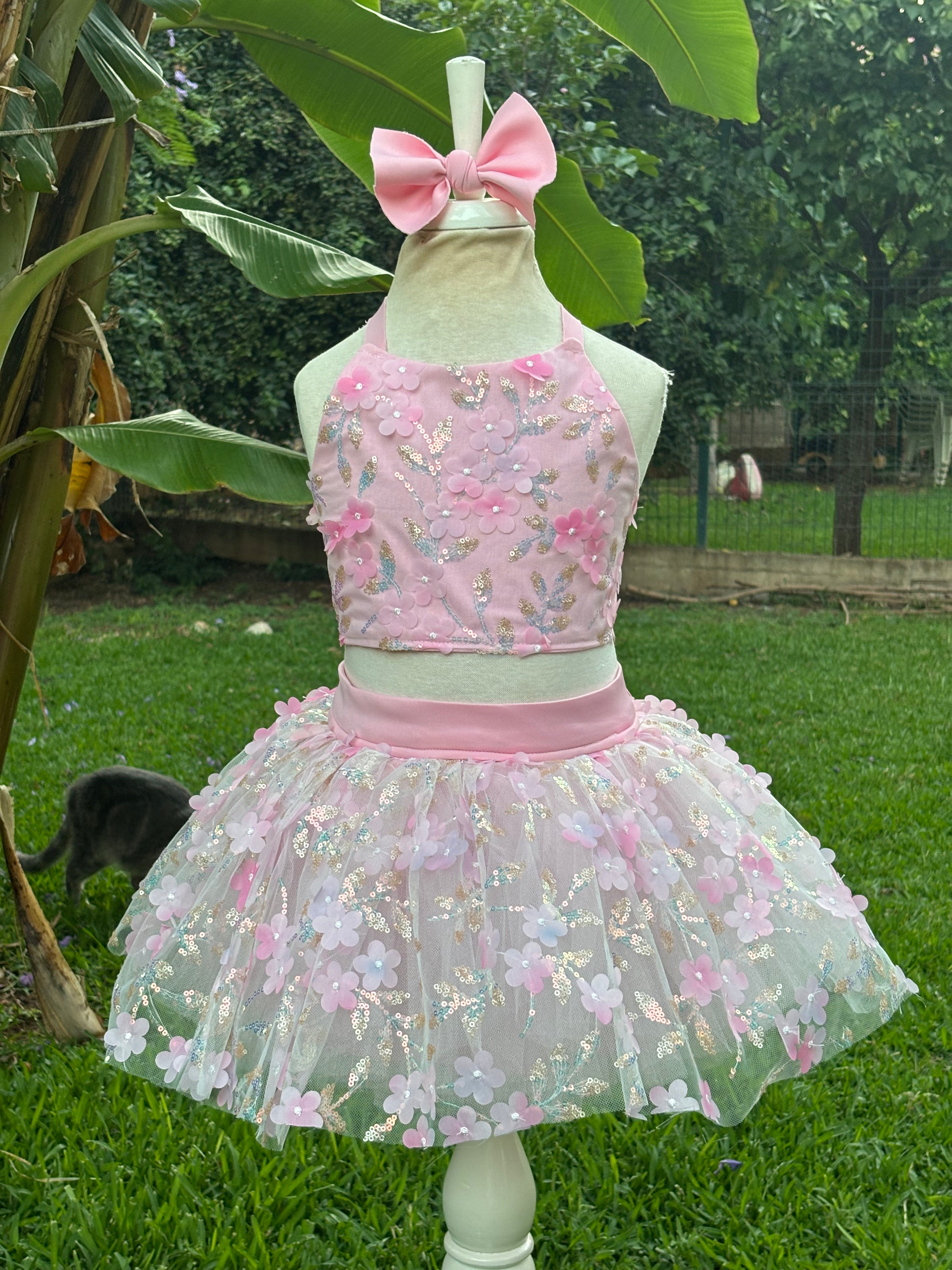 Pudra Pembe Çiçekli Kız Çocuk Crop Etek Takım - Bebek Doğum Günü Elbisesi - ipeqakids