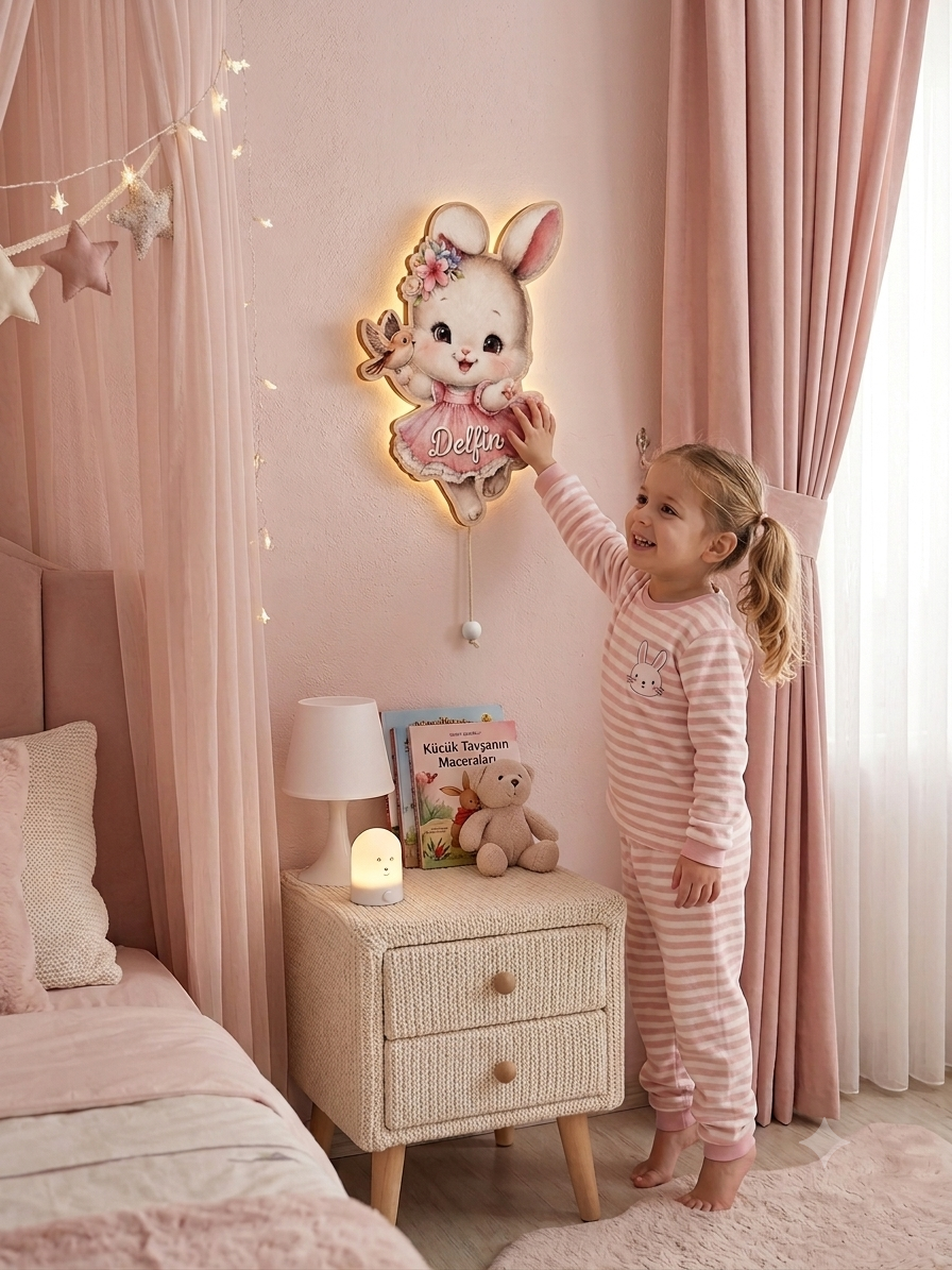 Kişiye Özel İsimli Tavşan LED Ahşap Gece Lambası