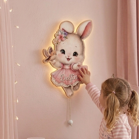 Kişiye Özel İsimli Tavşan LED Ahşap Gece Lambası