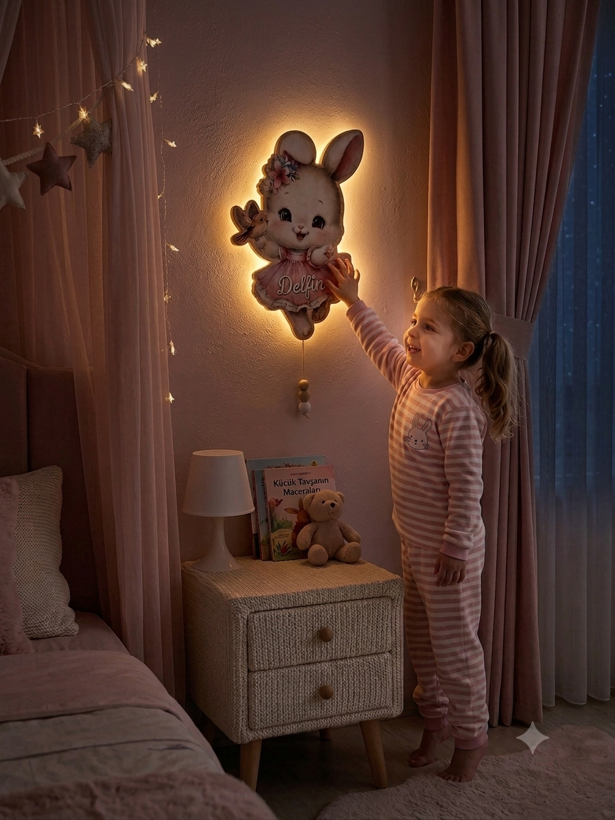Kişiye Özel İsimli Tavşan LED Ahşap Gece Lambası