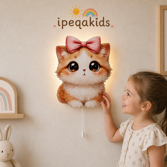 Masum Kedicik Led Işıklı Bebek Odası Ahşap Duvar Dekoru - Gece Lambası