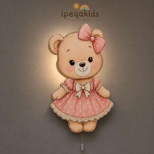 Ayıcık Pilli Led Işıklı Bebek Odası Ahşap Duvar Dekoru - Gece Lambası