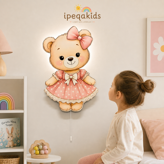 Ayıcık Pilli Led Işıklı Bebek Odası Ahşap Duvar Dekoru - Gece Lambası