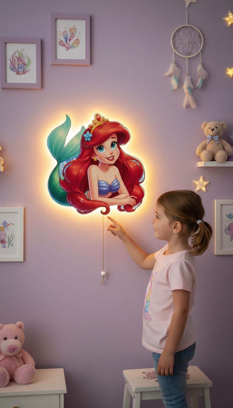 Ariel Pilli Led Işıklı Bebek Odası Ahşap Duvar Dekoru - Gece Lambası