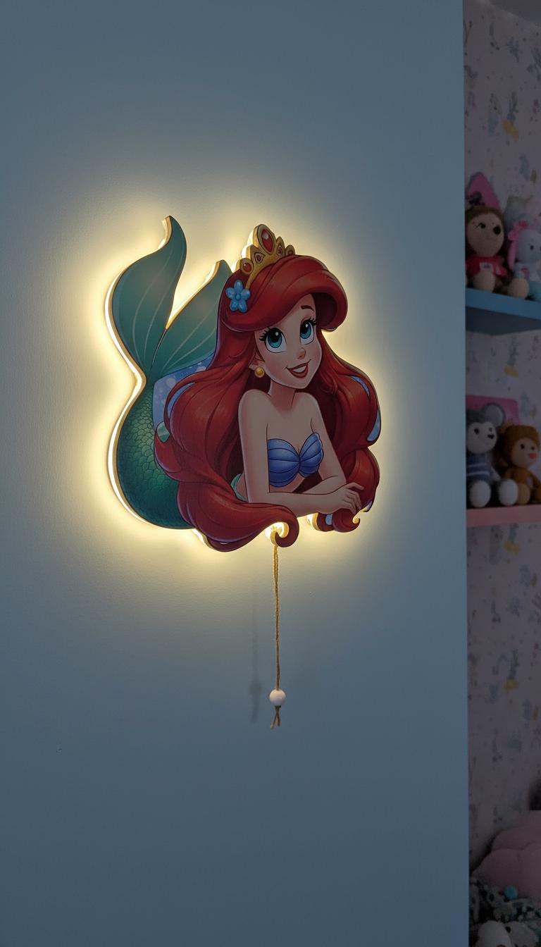 Ariel Pilli Led Işıklı Bebek Odası Ahşap Duvar Dekoru - Gece Lambası