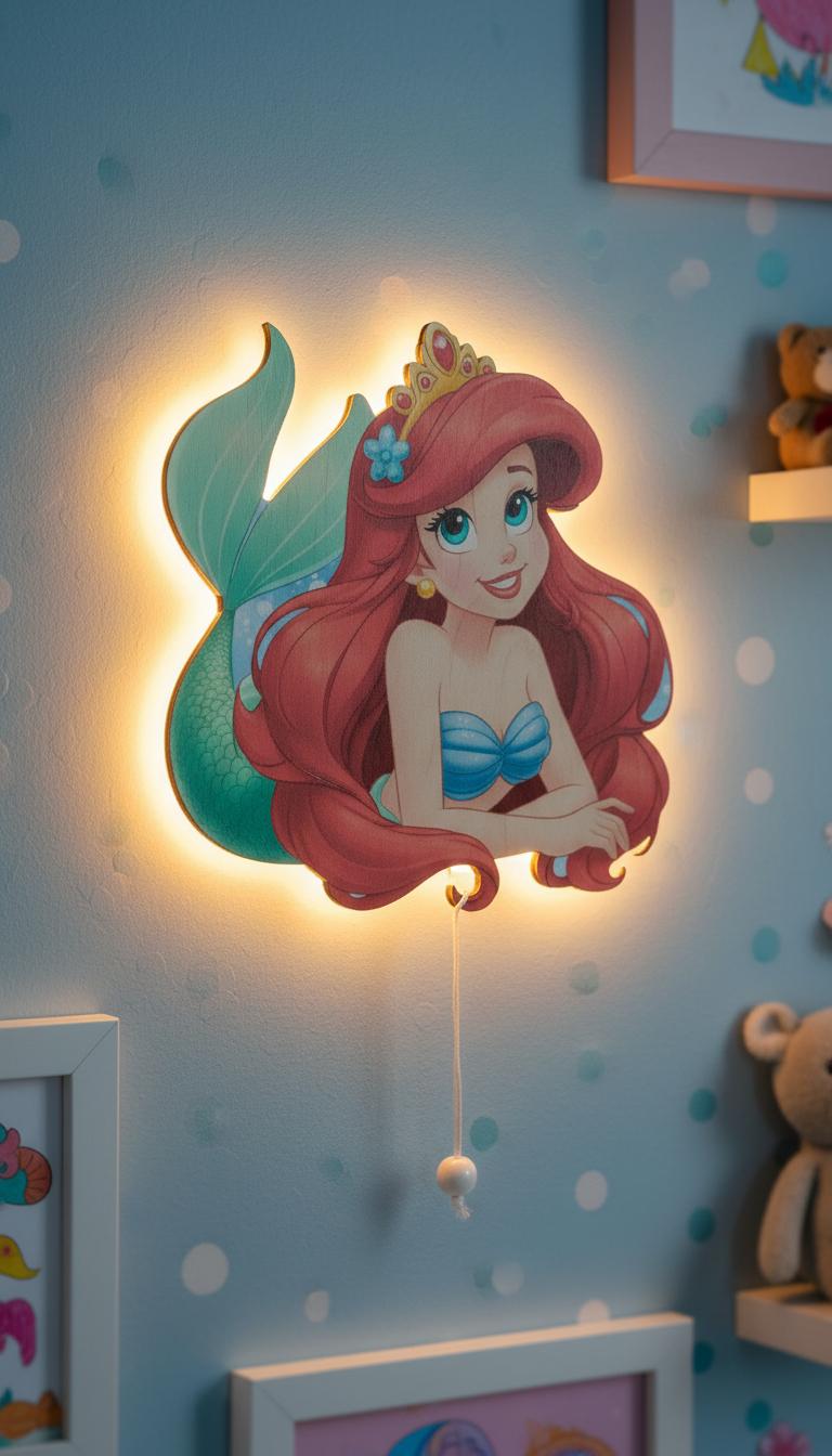 Ariel Pilli Led Işıklı Bebek Odası Ahşap Duvar Dekoru - Gece Lambası