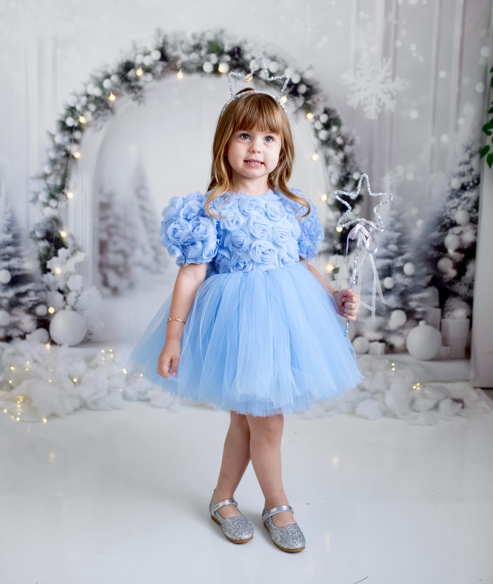 Mavi Güllü Elbise - Kız Çocuk Abiye - Bebek Doğum Günü Elbisesi - ipeqakids