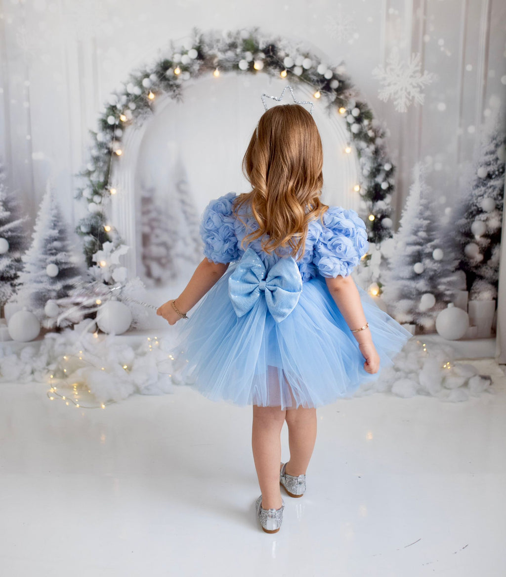 Mavi Güllü Elbise - Kız Çocuk Abiye - Bebek Doğum Günü Elbisesi - ipeqakids