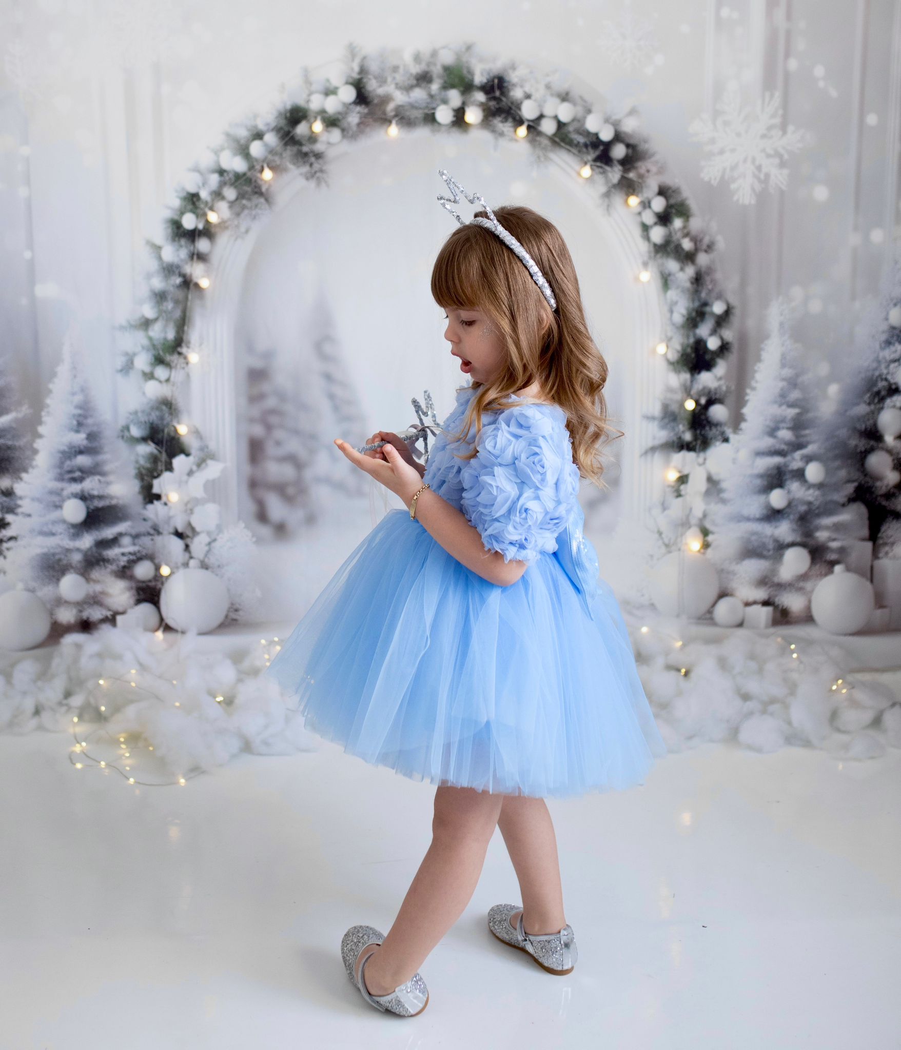 Mavi Güllü Elbise - Kız Çocuk Abiye - Bebek Doğum Günü Elbisesi - ipeqakids