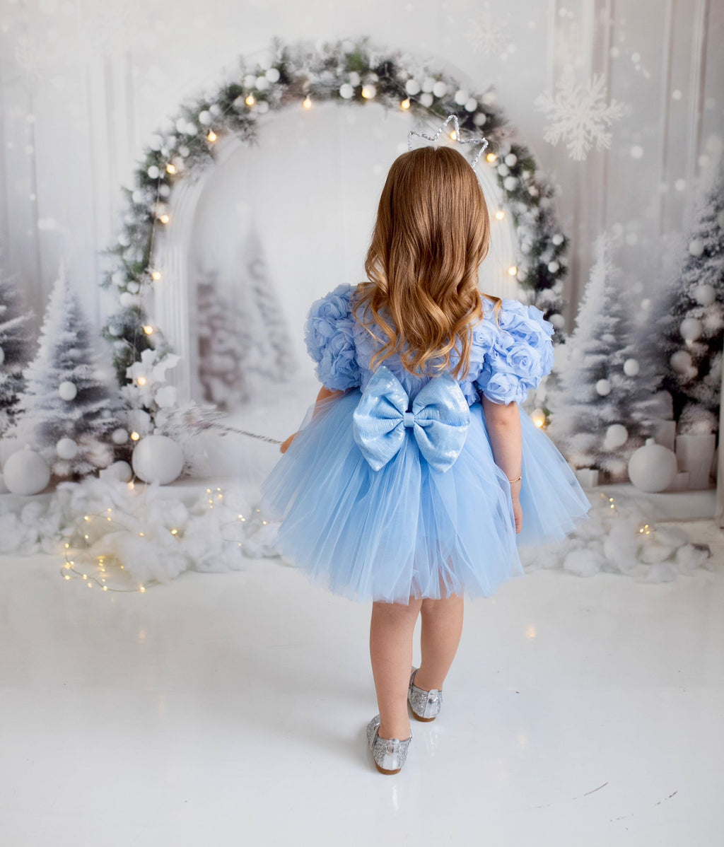 Mavi Güllü Elbise - Kız Çocuk Abiye - Bebek Doğum Günü Elbisesi - ipeqakids