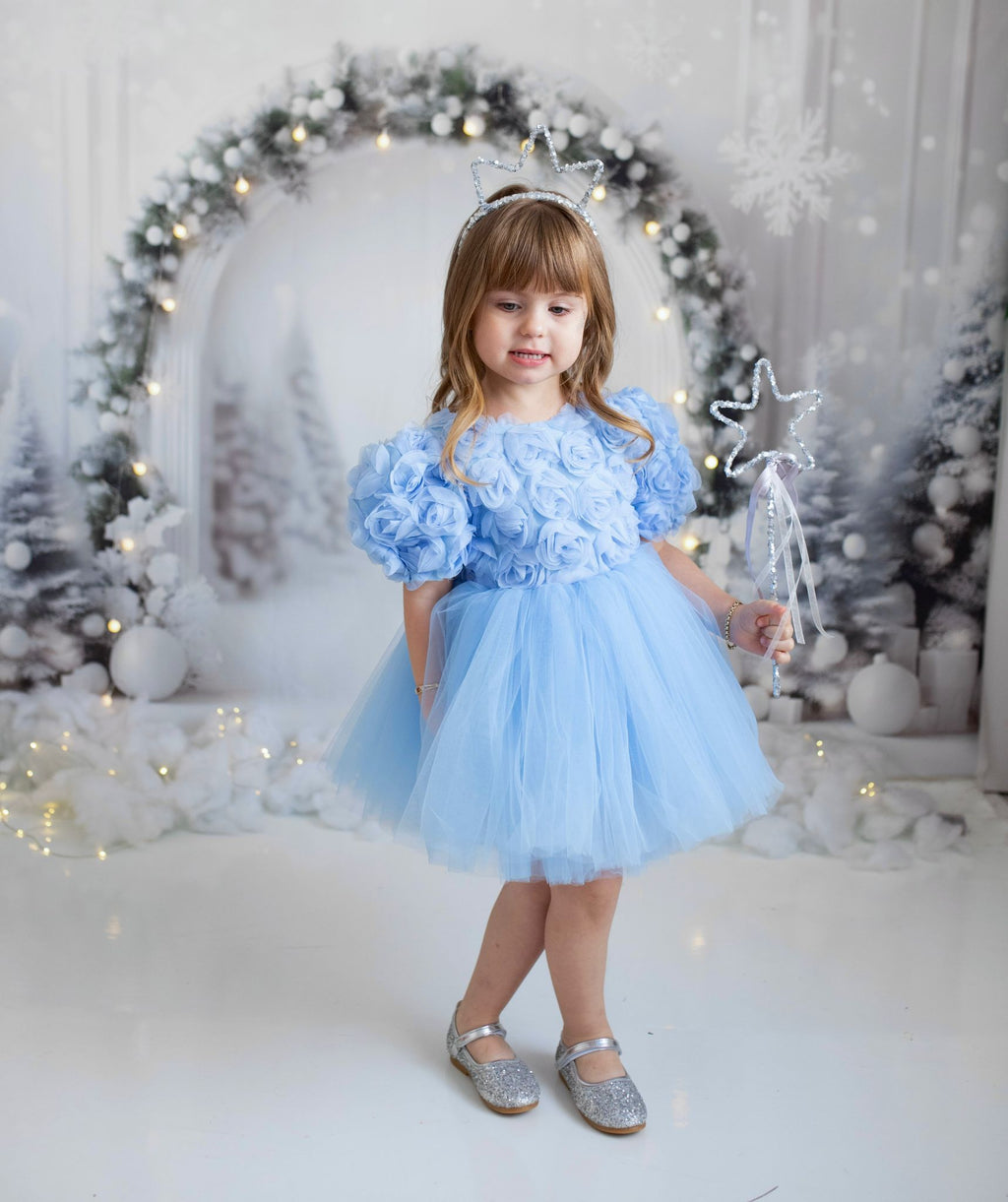 Mavi Güllü Elbise - Kız Çocuk Abiye - Bebek Doğum Günü Elbisesi - ipeqakids