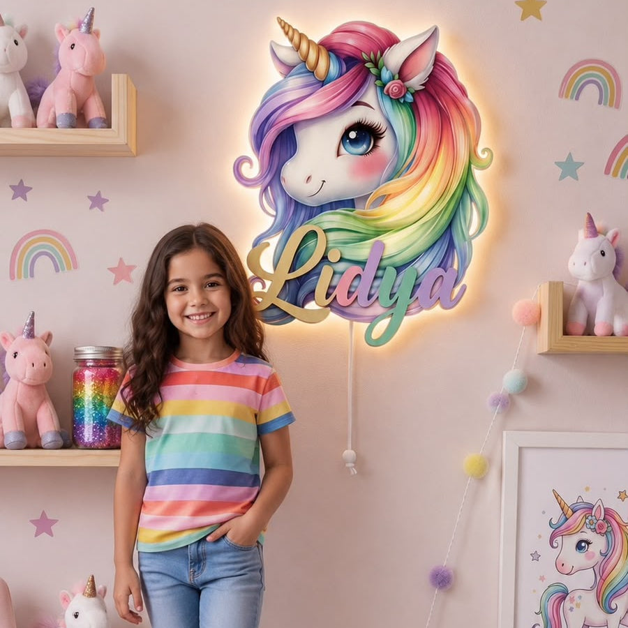 Kişiye Özel İsimli Unicorn LED Ahşap Gece Lambası