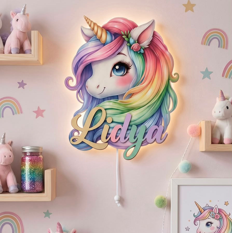 Kişiye Özel İsimli Unicorn LED Ahşap Gece Lambası