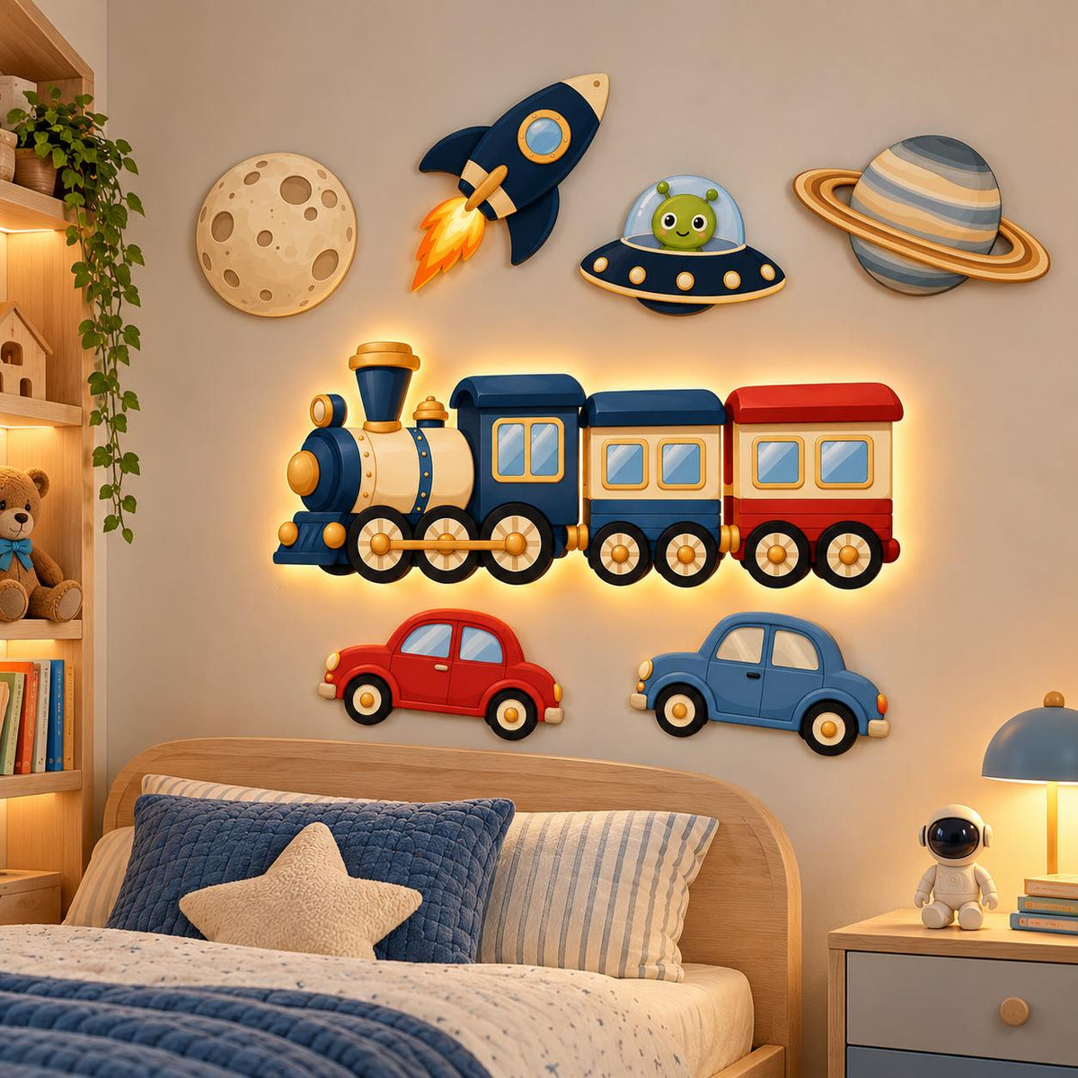 Tren Uzay Led Işıklı Ahşap 7 Parça Gece Lambası